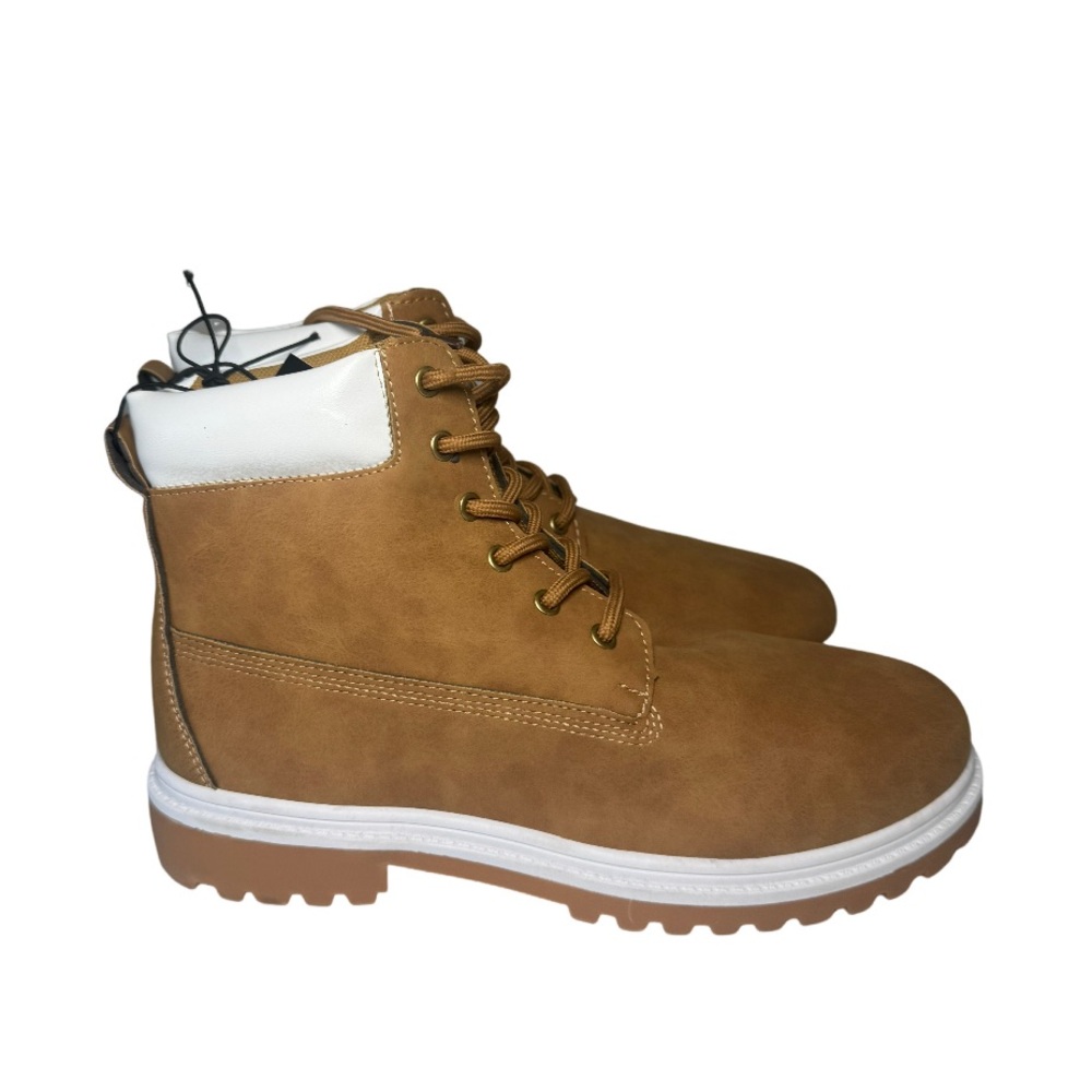 Tan Lace-Up Ankle Boots with White Collar